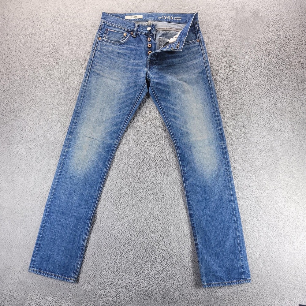 Gap 1969 Jeans Mens 30x32 Blue Slim Straight Japanese Selvedge Button Fly